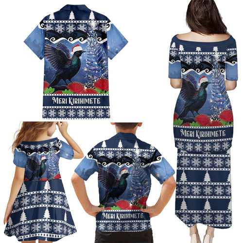 New Zealand Tui Bird Christmas Family Matching Puletasi and Hawaiian Shirt Pohutukawa Xmas Tree Meri Kirihimete