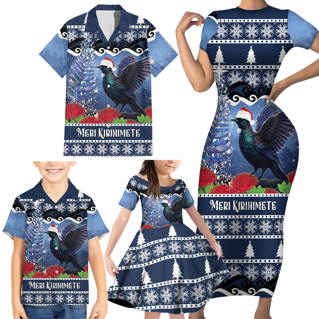 New Zealand Tui Bird Christmas Family Matching Short Sleeve Bodycon Dress and Hawaiian Shirt Pohutukawa Xmas Tree Meri Kirihimete
