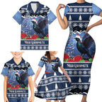 New Zealand Tui Bird Christmas Family Matching Short Sleeve Bodycon Dress and Hawaiian Shirt Pohutukawa Xmas Tree Meri Kirihimete