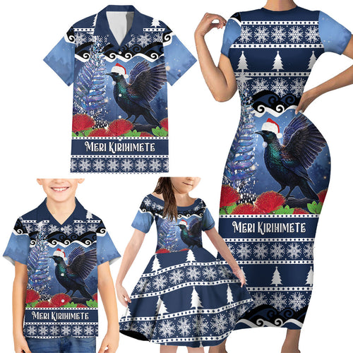New Zealand Tui Bird Christmas Family Matching Short Sleeve Bodycon Dress and Hawaiian Shirt Pohutukawa Xmas Tree Meri Kirihimete