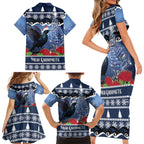New Zealand Tui Bird Christmas Family Matching Short Sleeve Bodycon Dress and Hawaiian Shirt Pohutukawa Xmas Tree Meri Kirihimete