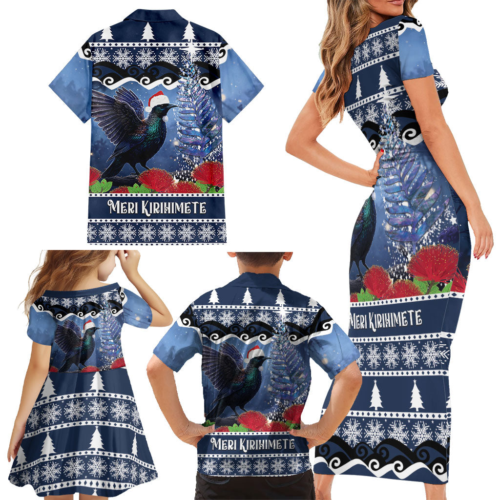 New Zealand Tui Bird Christmas Family Matching Short Sleeve Bodycon Dress and Hawaiian Shirt Pohutukawa Xmas Tree Meri Kirihimete