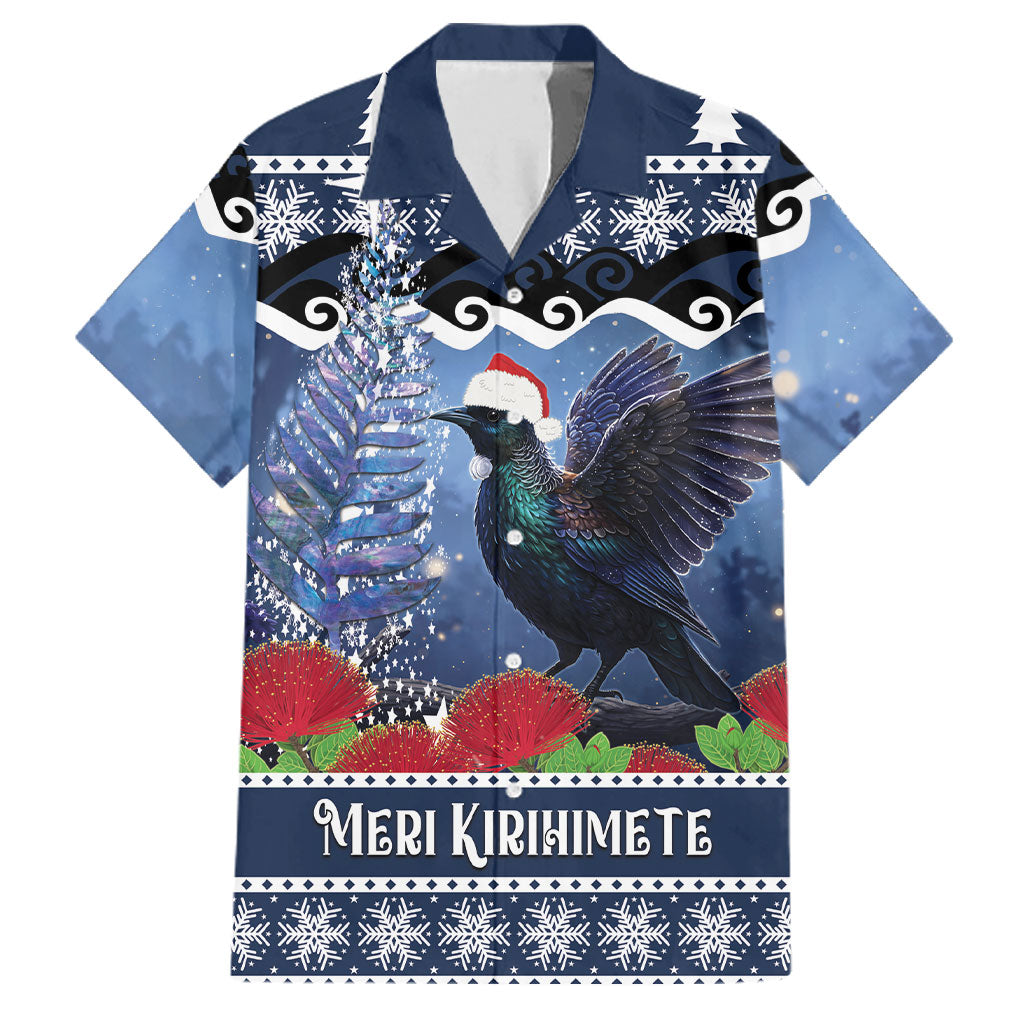 New Zealand Tui Bird Christmas Family Matching Short Sleeve Bodycon Dress and Hawaiian Shirt Pohutukawa Xmas Tree Meri Kirihimete