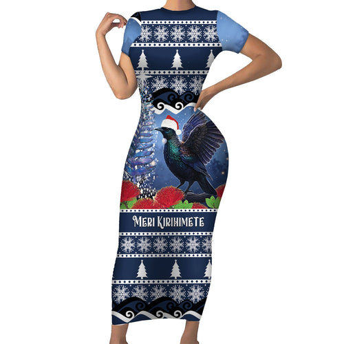 New Zealand Tui Bird Christmas Family Matching Short Sleeve Bodycon Dress and Hawaiian Shirt Pohutukawa Xmas Tree Meri Kirihimete