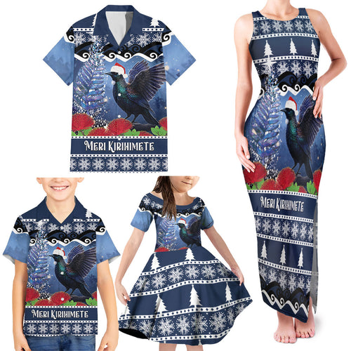 New Zealand Tui Bird Christmas Family Matching Tank Maxi Dress and Hawaiian Shirt Pohutukawa Xmas Tree Meri Kirihimete