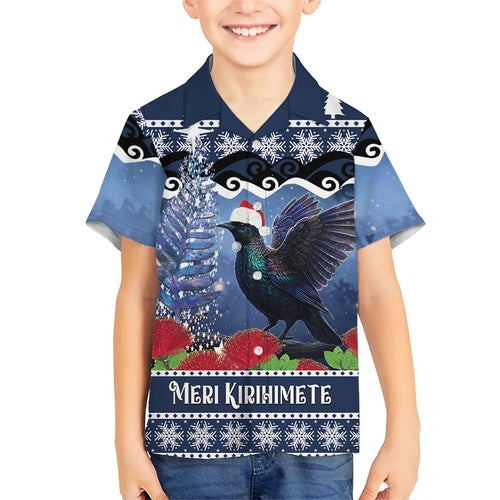 New Zealand Tui Bird Christmas Family Matching Tank Maxi Dress and Hawaiian Shirt Pohutukawa Xmas Tree Meri Kirihimete
