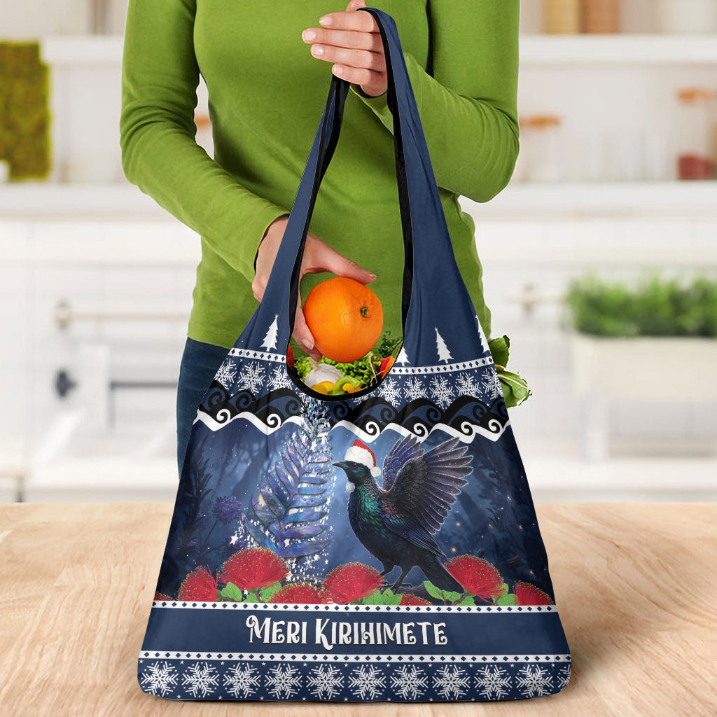 New Zealand Tui Bird Christmas Grocery Bag Pohutukawa Xmas Tree Meri Kirihimete