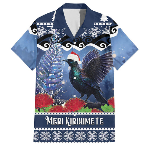 New Zealand Tui Bird Christmas Hawaiian Shirt Pohutukawa Xmas Tree Meri Kirihimete