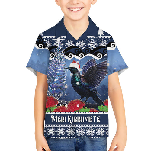 New Zealand Tui Bird Christmas Hawaiian Shirt Pohutukawa Xmas Tree Meri Kirihimete