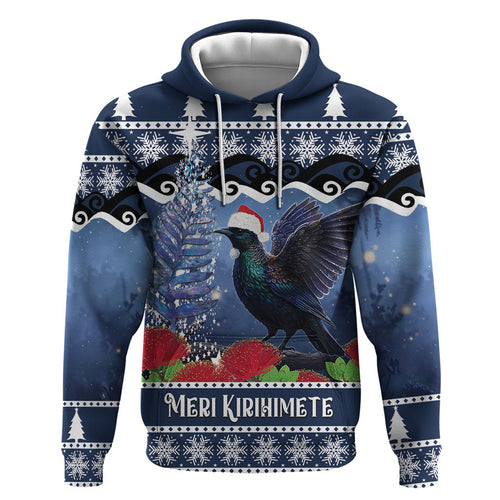 New Zealand Tui Bird Christmas Hoodie Pohutukawa Xmas Tree Meri Kirihimete
