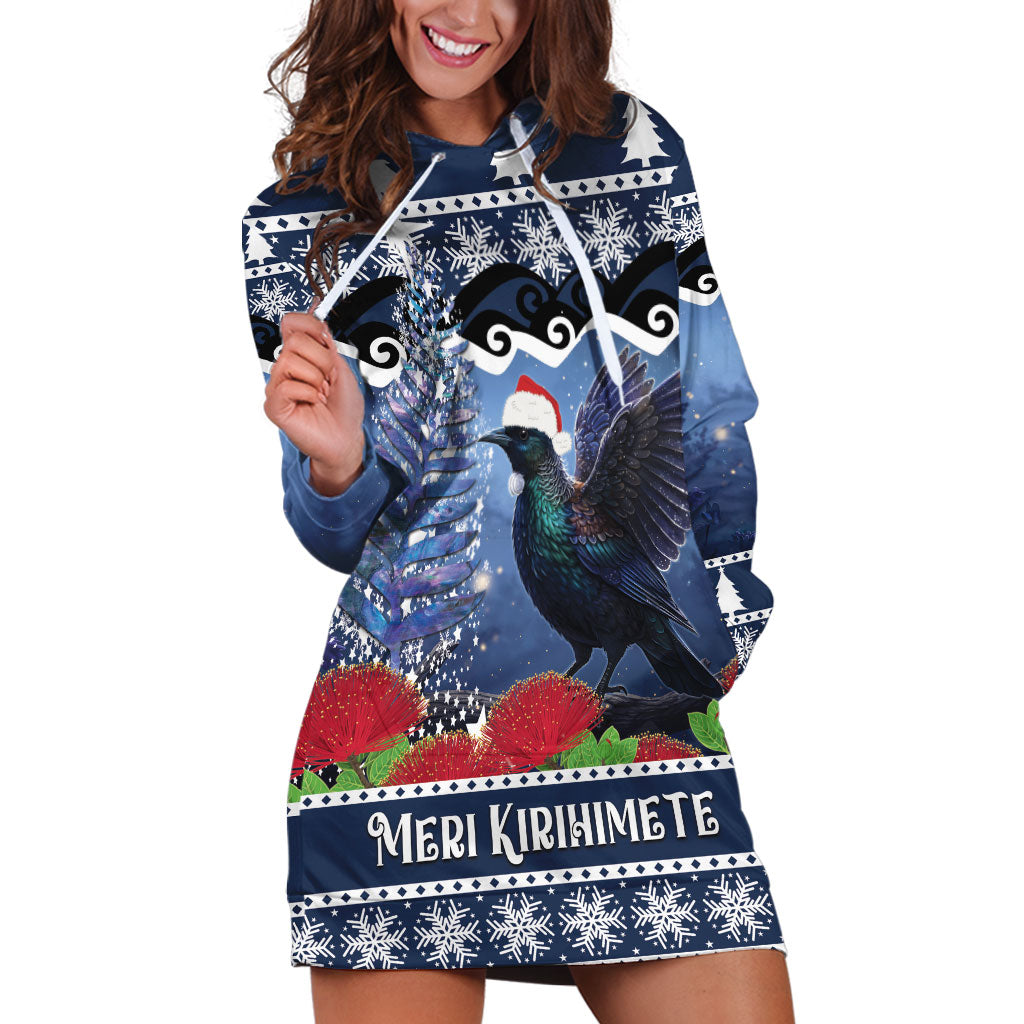 New Zealand Tui Bird Christmas Hoodie Dress Pohutukawa Xmas Tree Meri Kirihimete
