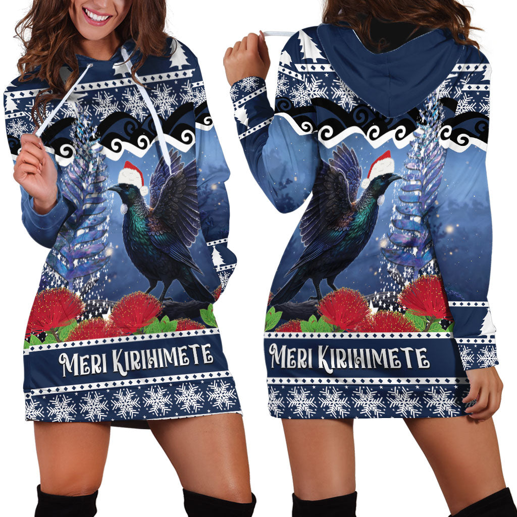 New Zealand Tui Bird Christmas Hoodie Dress Pohutukawa Xmas Tree Meri Kirihimete