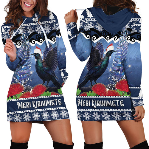 New Zealand Tui Bird Christmas Hoodie Dress Pohutukawa Xmas Tree Meri Kirihimete