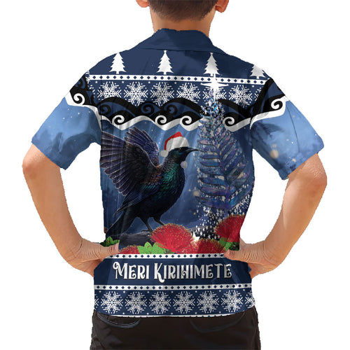 New Zealand Tui Bird Christmas Kid Hawaiian Shirt Pohutukawa Xmas Tree Meri Kirihimete