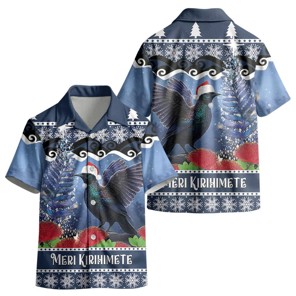 New Zealand Tui Bird Christmas Kid Hawaiian Shirt Pohutukawa Xmas Tree Meri Kirihimete LT22