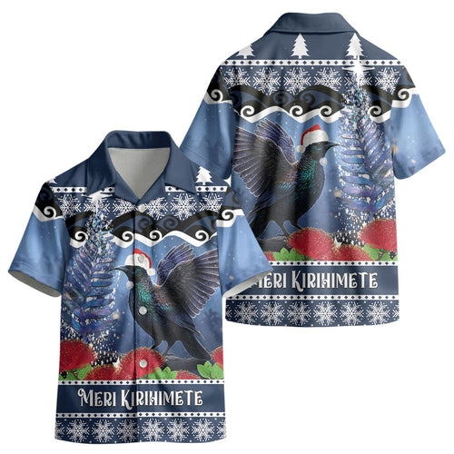 New Zealand Tui Bird Christmas Kid Hawaiian Shirt Pohutukawa Xmas Tree Meri Kirihimete LT22
