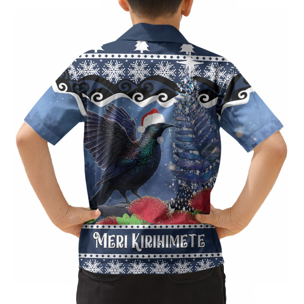New Zealand Tui Bird Christmas Kid Hawaiian Shirt Pohutukawa Xmas Tree Meri Kirihimete LT22