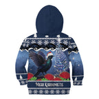 New Zealand Tui Bird Christmas Kid Hoodie Pohutukawa Xmas Tree Meri Kirihimete