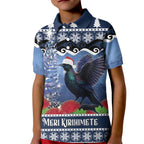 New Zealand Tui Bird Christmas Kid Polo Shirt Pohutukawa Xmas Tree Meri Kirihimete