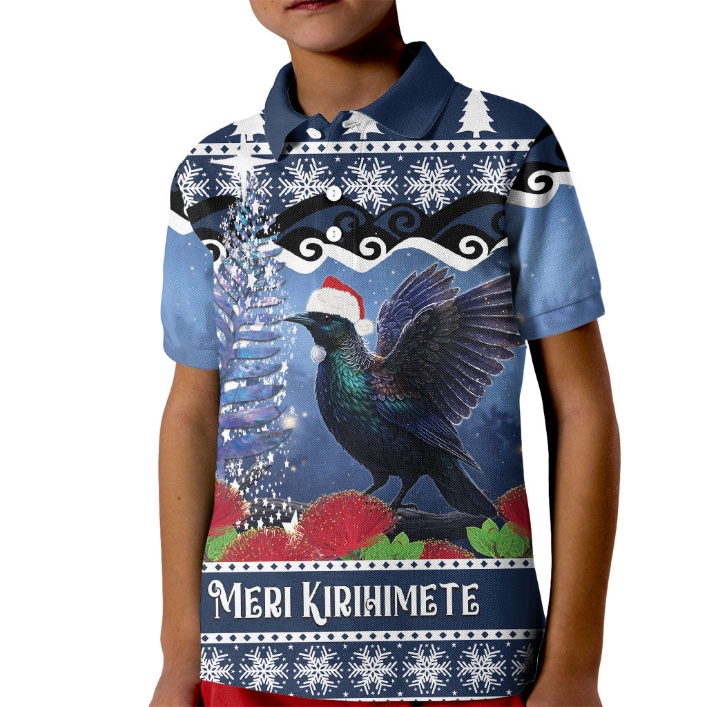 New Zealand Tui Bird Christmas Kid Polo Shirt Pohutukawa Xmas Tree Meri Kirihimete