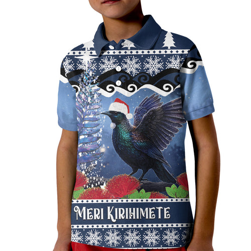 New Zealand Tui Bird Christmas Kid Polo Shirt Pohutukawa Xmas Tree Meri Kirihimete