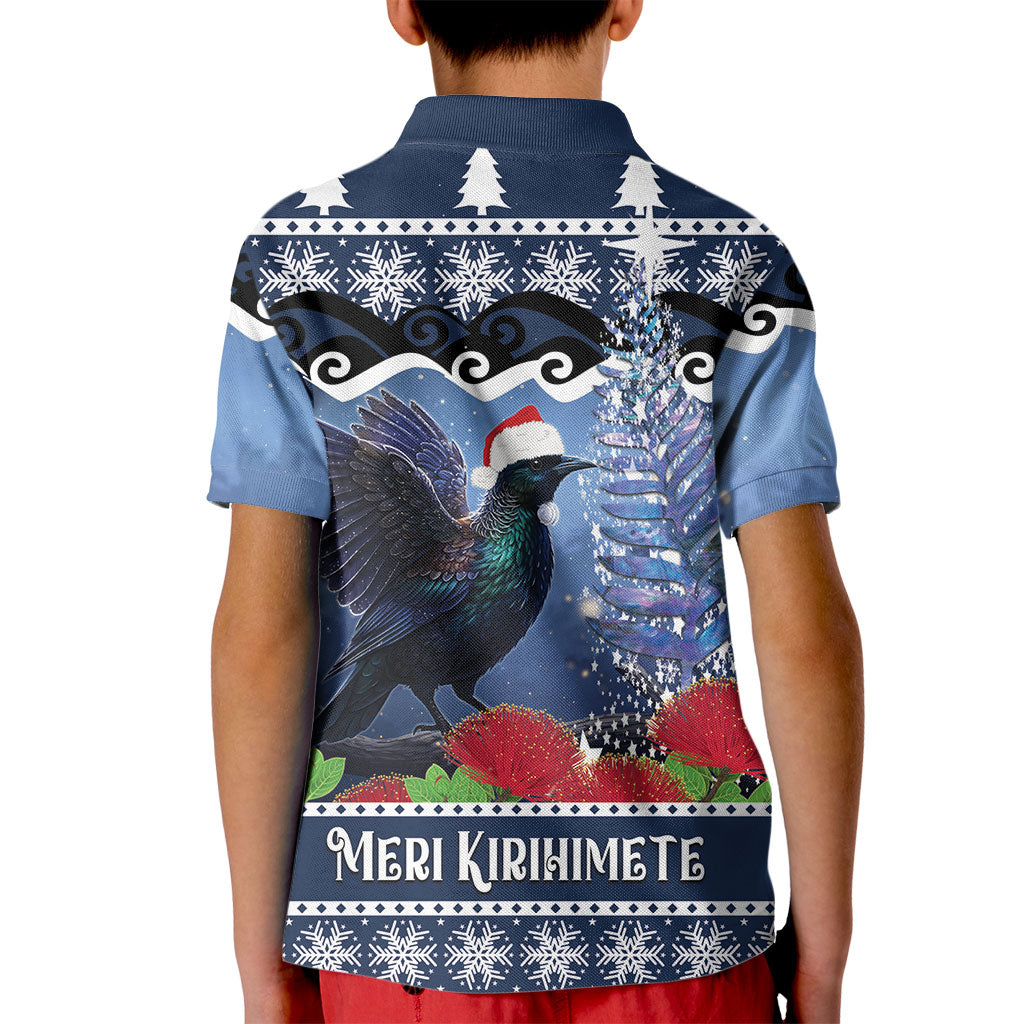 New Zealand Tui Bird Christmas Kid Polo Shirt Pohutukawa Xmas Tree Meri Kirihimete