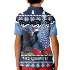 New Zealand Tui Bird Christmas Kid Polo Shirt Pohutukawa Xmas Tree Meri Kirihimete