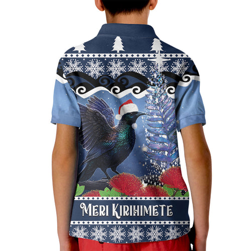 New Zealand Tui Bird Christmas Kid Polo Shirt Pohutukawa Xmas Tree Meri Kirihimete