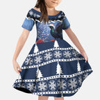 New Zealand Tui Bird Christmas Kid Short Sleeve Dress Pohutukawa Xmas Tree Meri Kirihimete