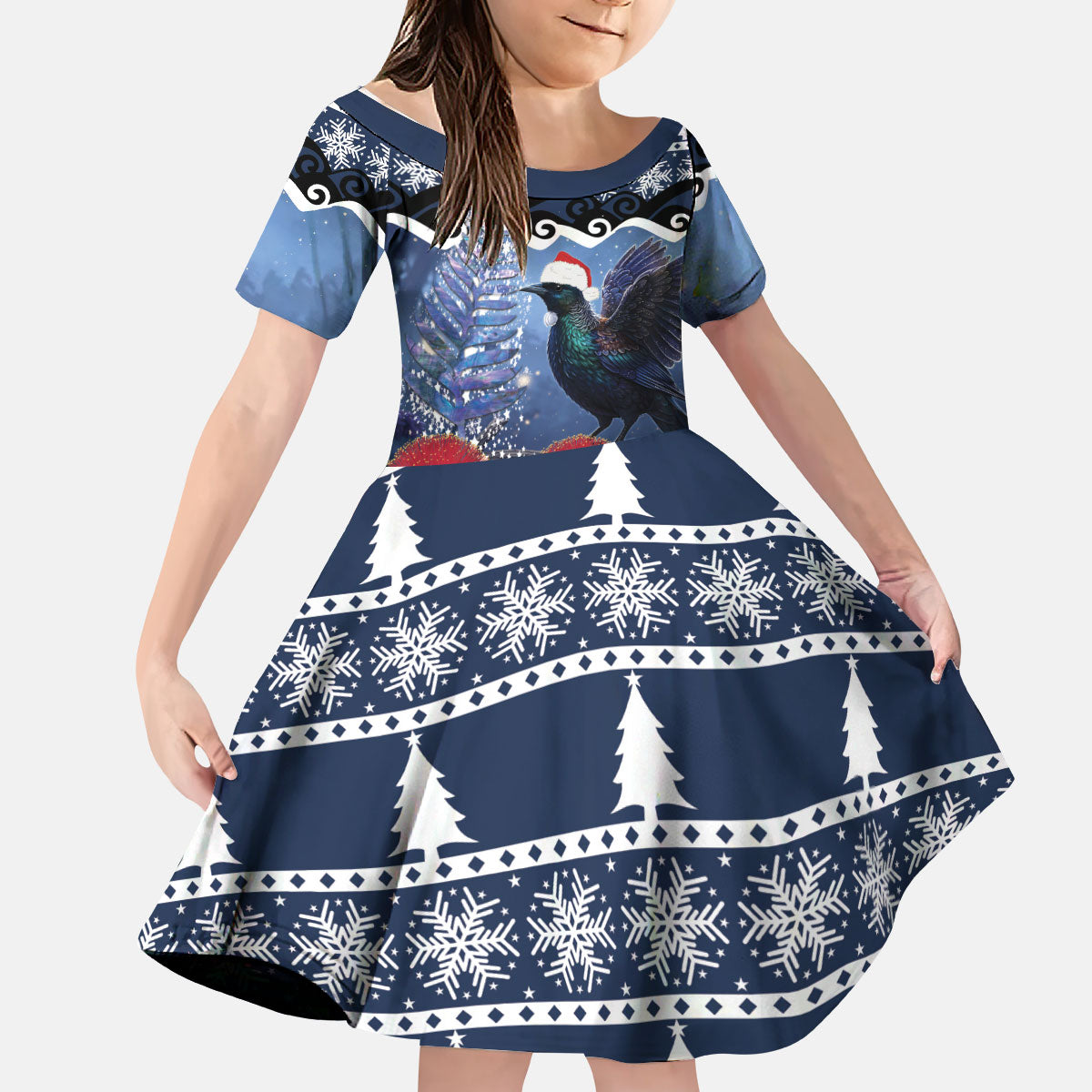 New Zealand Tui Bird Christmas Kid Short Sleeve Dress Pohutukawa Xmas Tree Meri Kirihimete