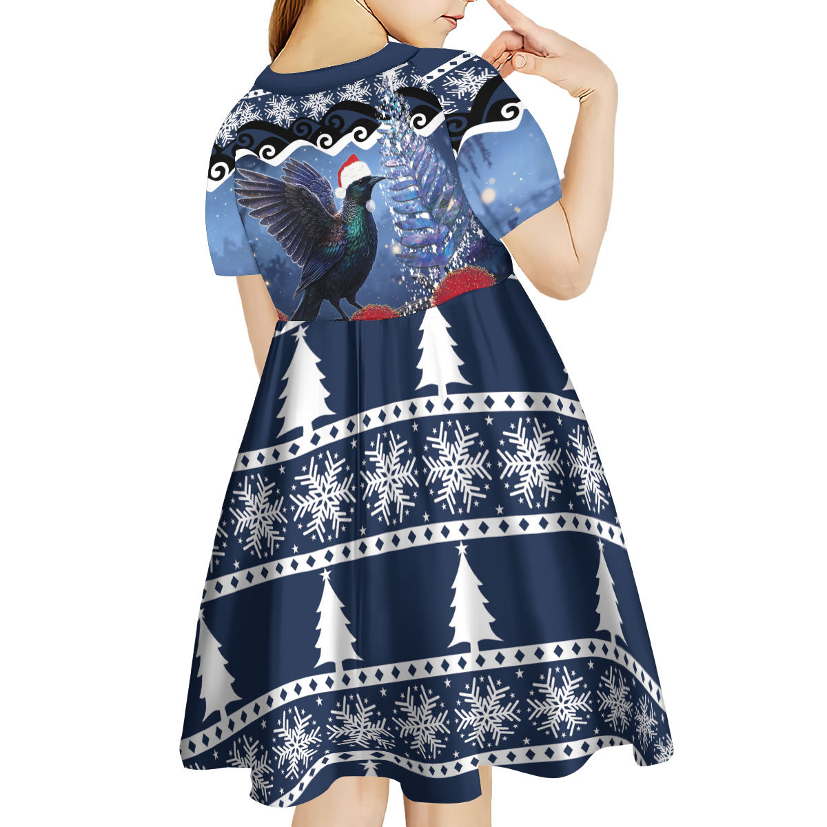 New Zealand Tui Bird Christmas Kid Short Sleeve Dress Pohutukawa Xmas Tree Meri Kirihimete