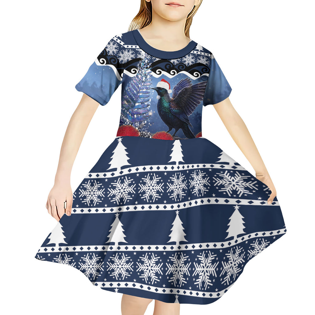 New Zealand Tui Bird Christmas Kid Short Sleeve Dress Pohutukawa Xmas Tree Meri Kirihimete