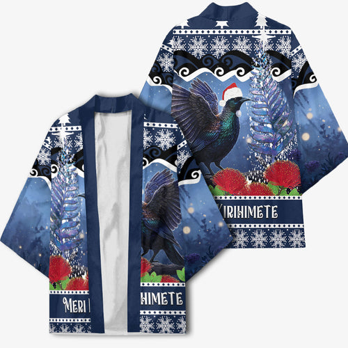 New Zealand Tui Bird Christmas Kimono Pohutukawa Xmas Tree Meri Kirihimete