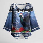 New Zealand Tui Bird Christmas Kimono Sleeve Blouse Pohutukawa Xmas Tree Meri Kirihimete