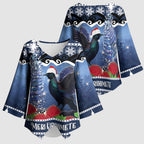 New Zealand Tui Bird Christmas Kimono Sleeve Blouse Pohutukawa Xmas Tree Meri Kirihimete