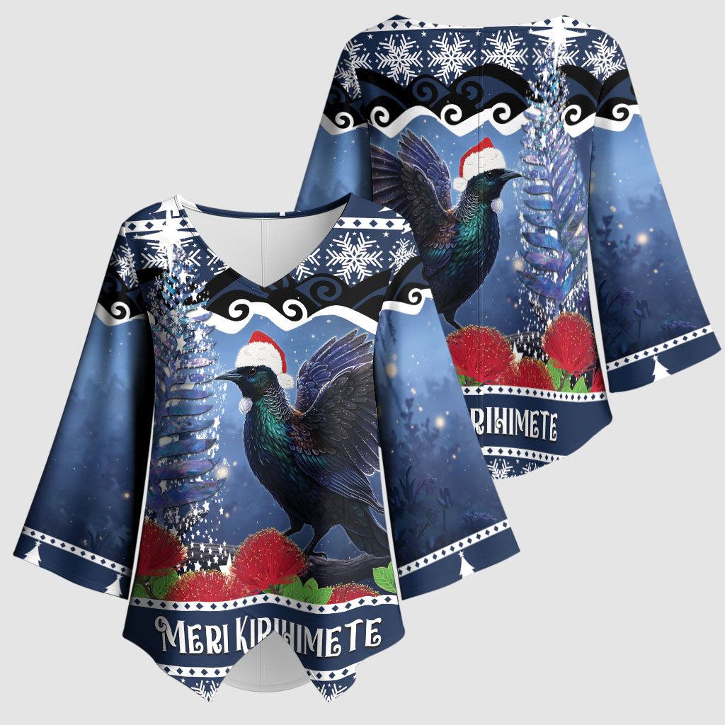 New Zealand Tui Bird Christmas Kimono Sleeve Blouse Pohutukawa Xmas Tree Meri Kirihimete