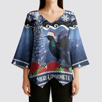 New Zealand Tui Bird Christmas Kimono Sleeve Blouse Pohutukawa Xmas Tree Meri Kirihimete