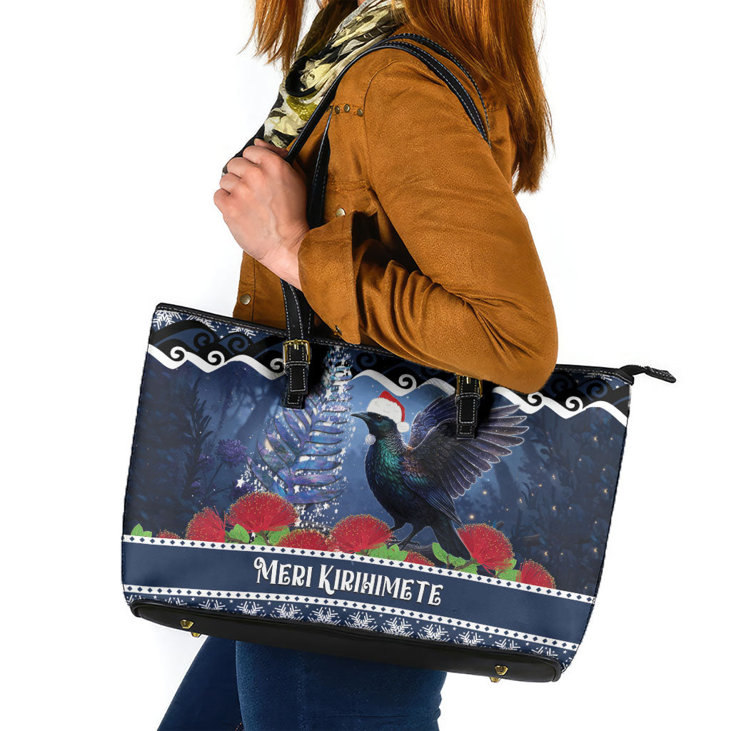 New Zealand Tui Bird Christmas Leather Tote Bag Pohutukawa Xmas Tree Meri Kirihimete