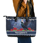 New Zealand Tui Bird Christmas Leather Tote Bag Pohutukawa Xmas Tree Meri Kirihimete