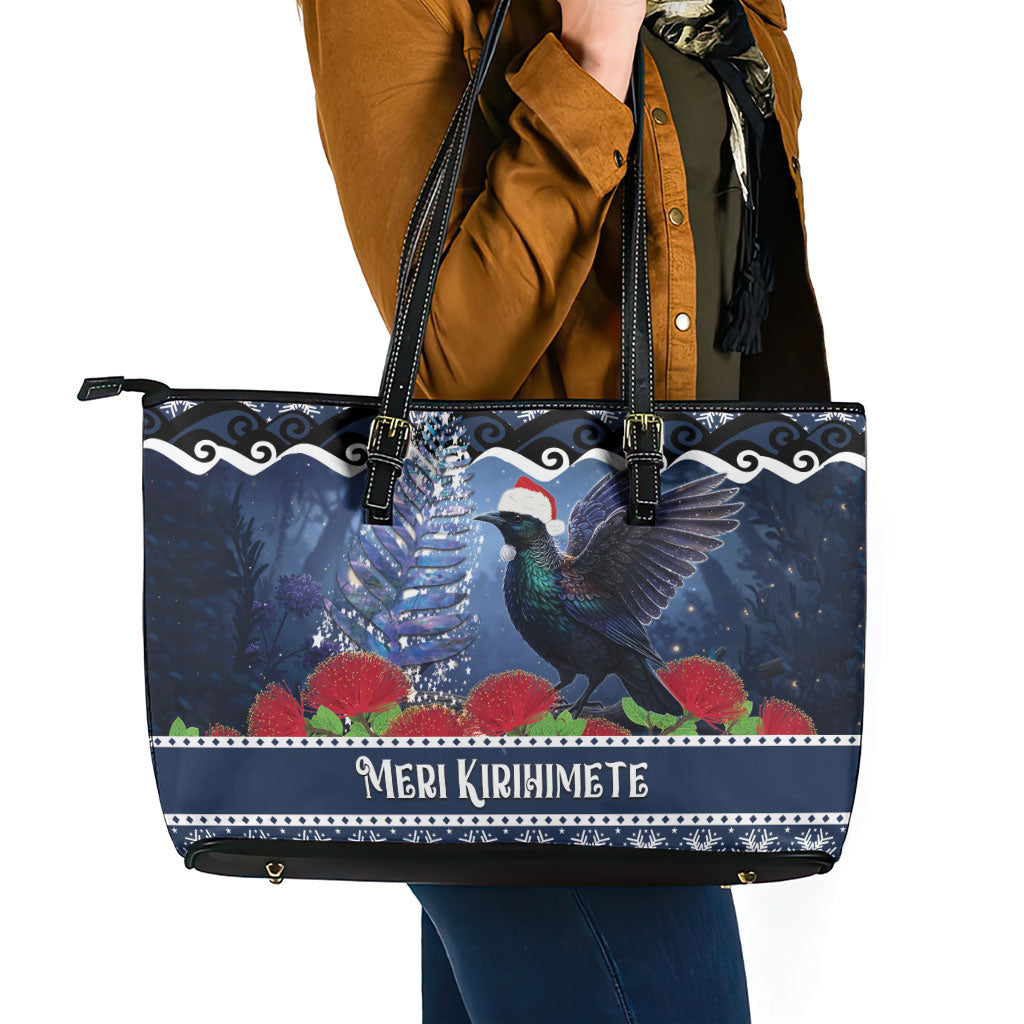 New Zealand Tui Bird Christmas Leather Tote Bag Pohutukawa Xmas Tree Meri Kirihimete