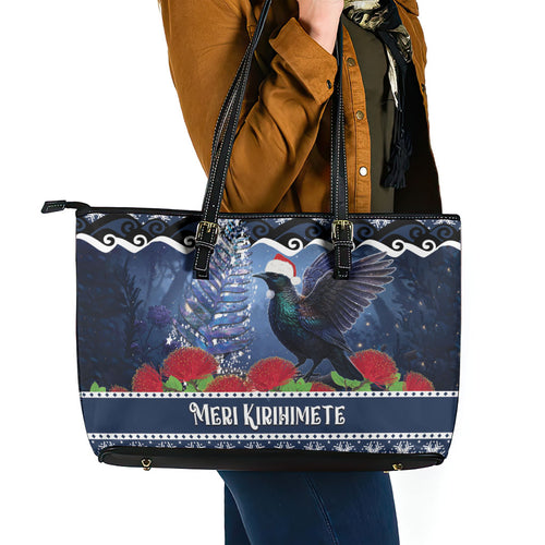 New Zealand Tui Bird Christmas Leather Tote Bag Pohutukawa Xmas Tree Meri Kirihimete