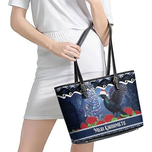 New Zealand Tui Bird Christmas Leather Tote Bag Pohutukawa Xmas Tree Meri Kirihimete