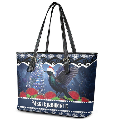 New Zealand Tui Bird Christmas Leather Tote Bag Pohutukawa Xmas Tree Meri Kirihimete