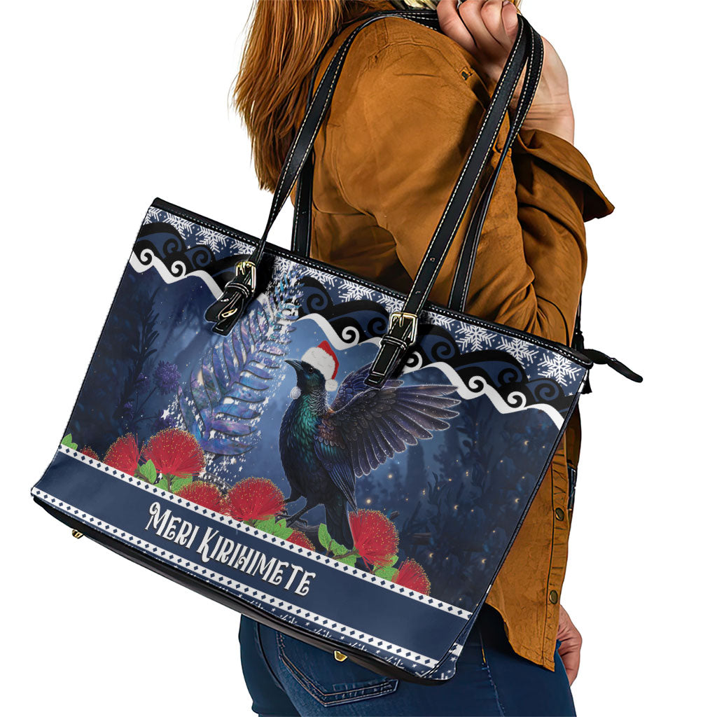 New Zealand Tui Bird Christmas Leather Tote Bag Pohutukawa Xmas Tree Meri Kirihimete