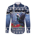 New Zealand Tui Bird Christmas Long Sleeve Button Shirt Pohutukawa Xmas Tree Meri Kirihimete