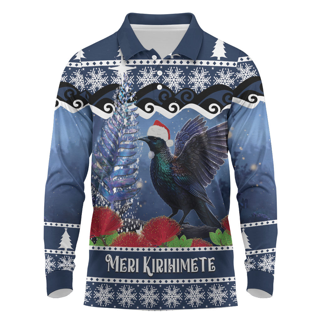 New Zealand Tui Bird Christmas Long Sleeve Polo Shirt Pohutukawa Xmas Tree Meri Kirihimete