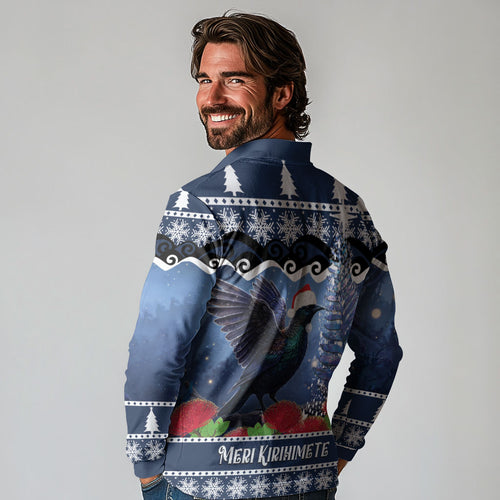 New Zealand Tui Bird Christmas Long Sleeve Polo Shirt Pohutukawa Xmas Tree Meri Kirihimete