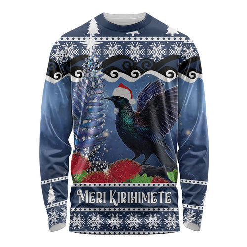 New Zealand Tui Bird Christmas Long Sleeve Shirt Pohutukawa Xmas Tree Meri Kirihimete