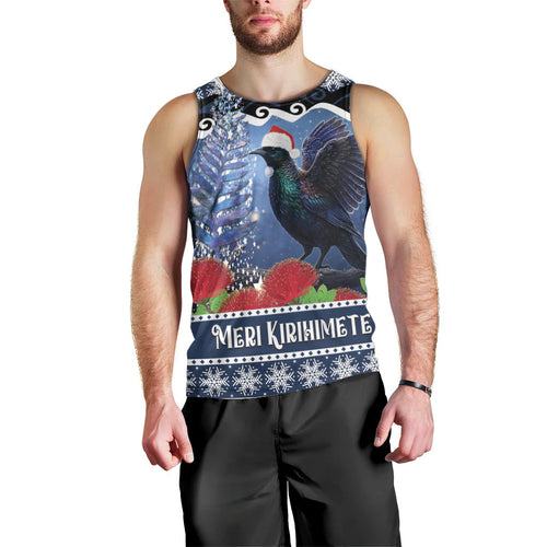 New Zealand Tui Bird Christmas Men Tank Top Pohutukawa Xmas Tree Meri Kirihimete