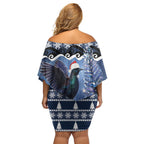 New Zealand Tui Bird Christmas Off Shoulder Short Dress Pohutukawa Xmas Tree Meri Kirihimete